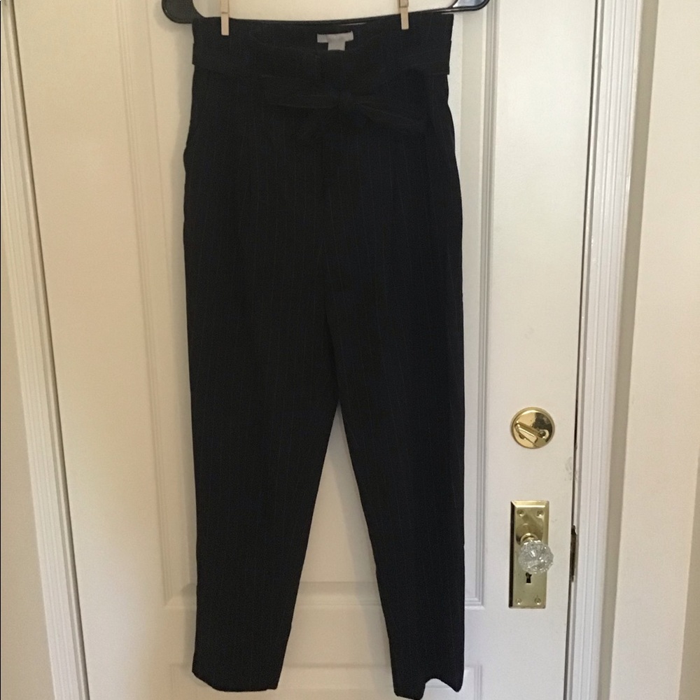 Navy blue stripped paper bag pants